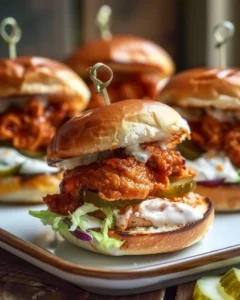 Nashville hot chicken sliders served with pickles and slaw on a plate