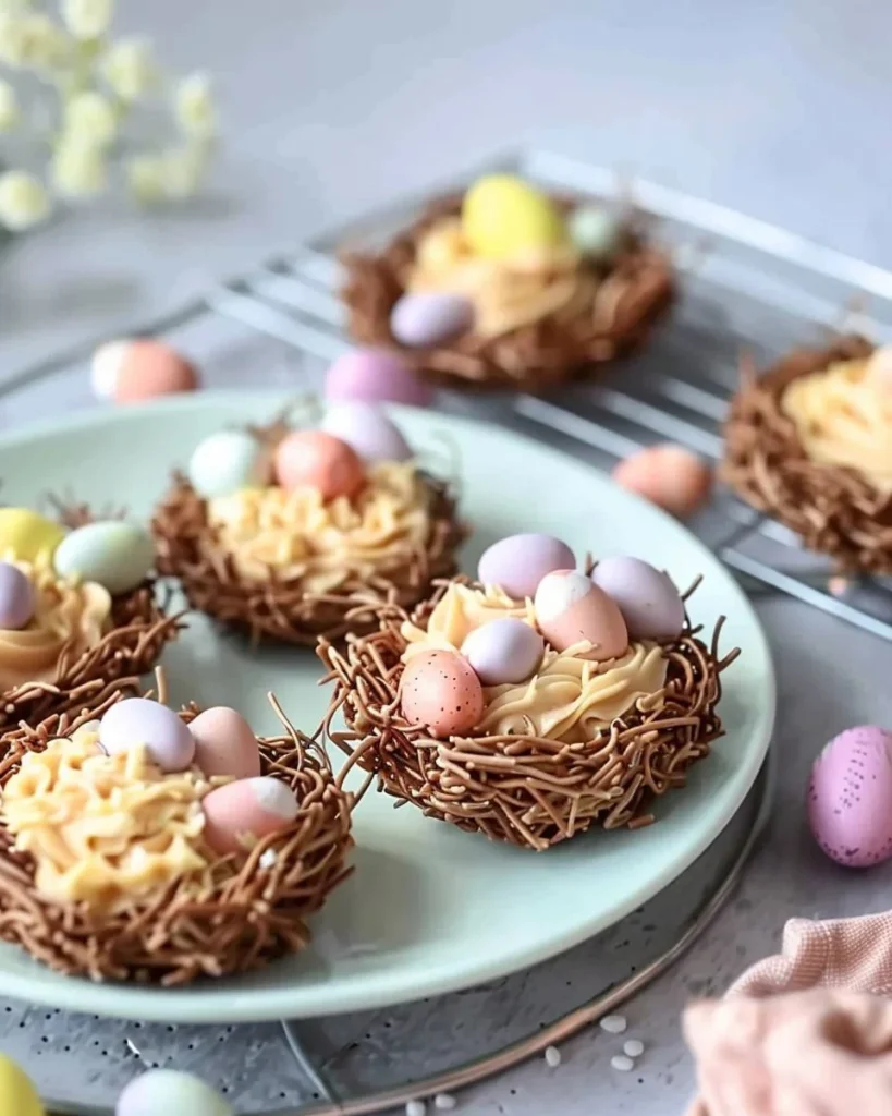 Colorful No-Bake Easter Nests made with chocolate and candies