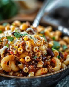 One-Pot Tex-Mex Chili Mac in a skillet, topped with cheese and cilantro.