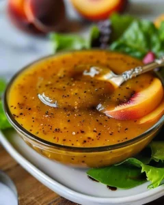 Bowl of Peach Honey Dijon Vinaigrette drizzled over fresh salad ingredients