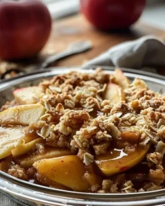 Delicious Pioneer Woman apple crisp served in a bowl with a scoop of vanilla ice cream.