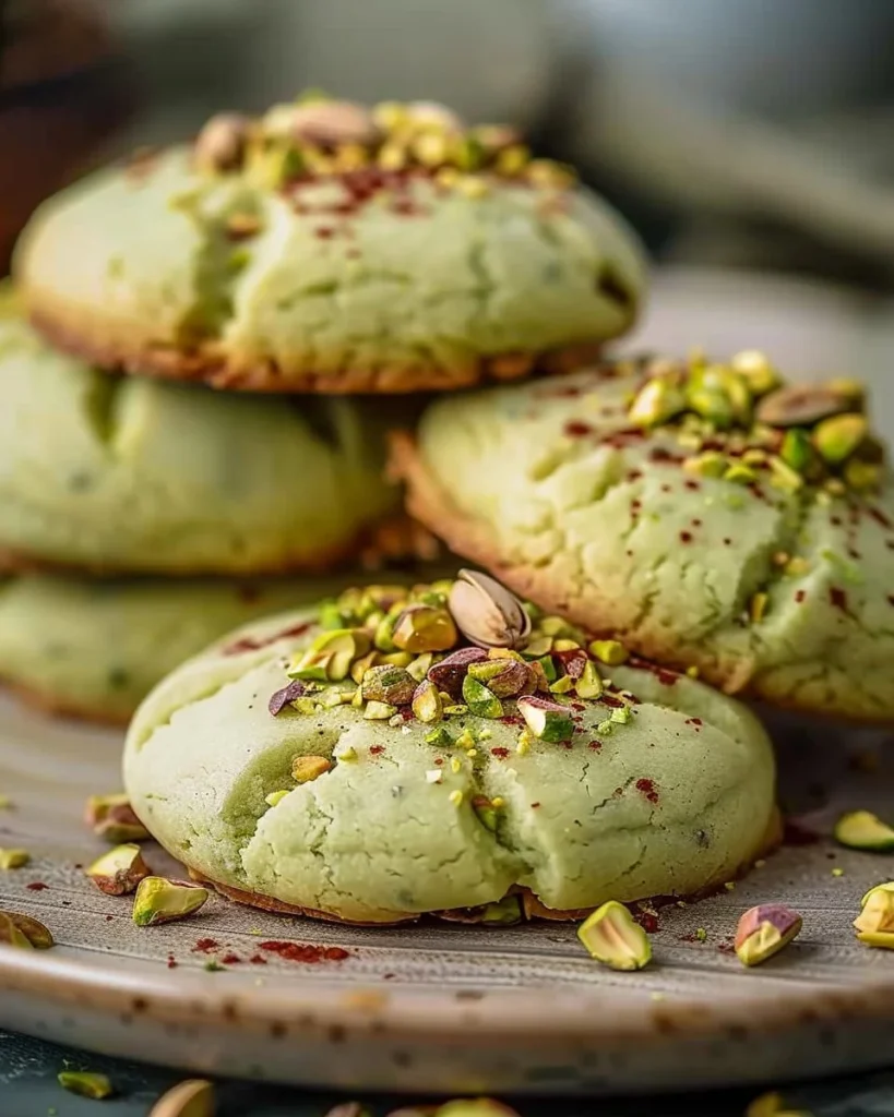 Freshly baked pistachio pudding cookies with vibrant green color