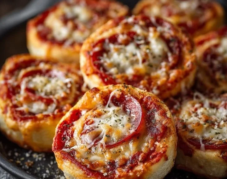 Savory pizza pinwheels filled with cheese and toppings, ideal for appetizers.