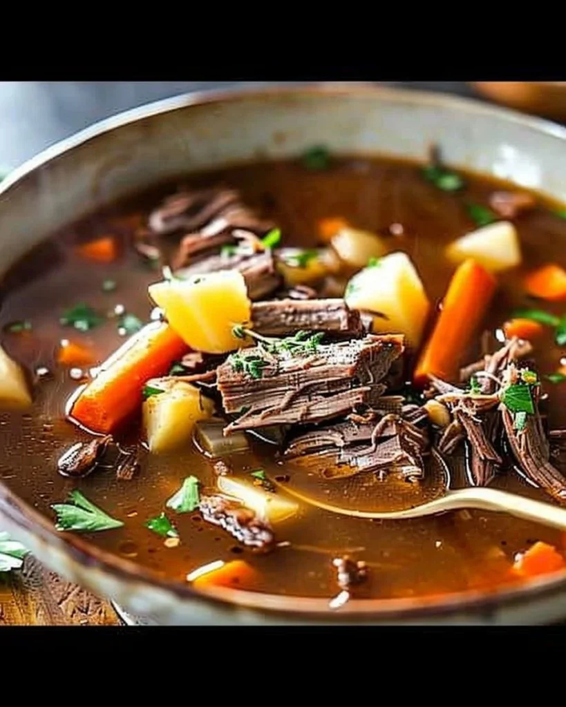 Delicious pot roast soup with tender beef and fresh vegetables in a bowl.
