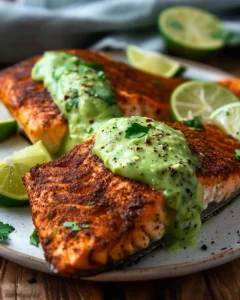 Quick baked Cajun salmon with avocado lime sauce on a plate