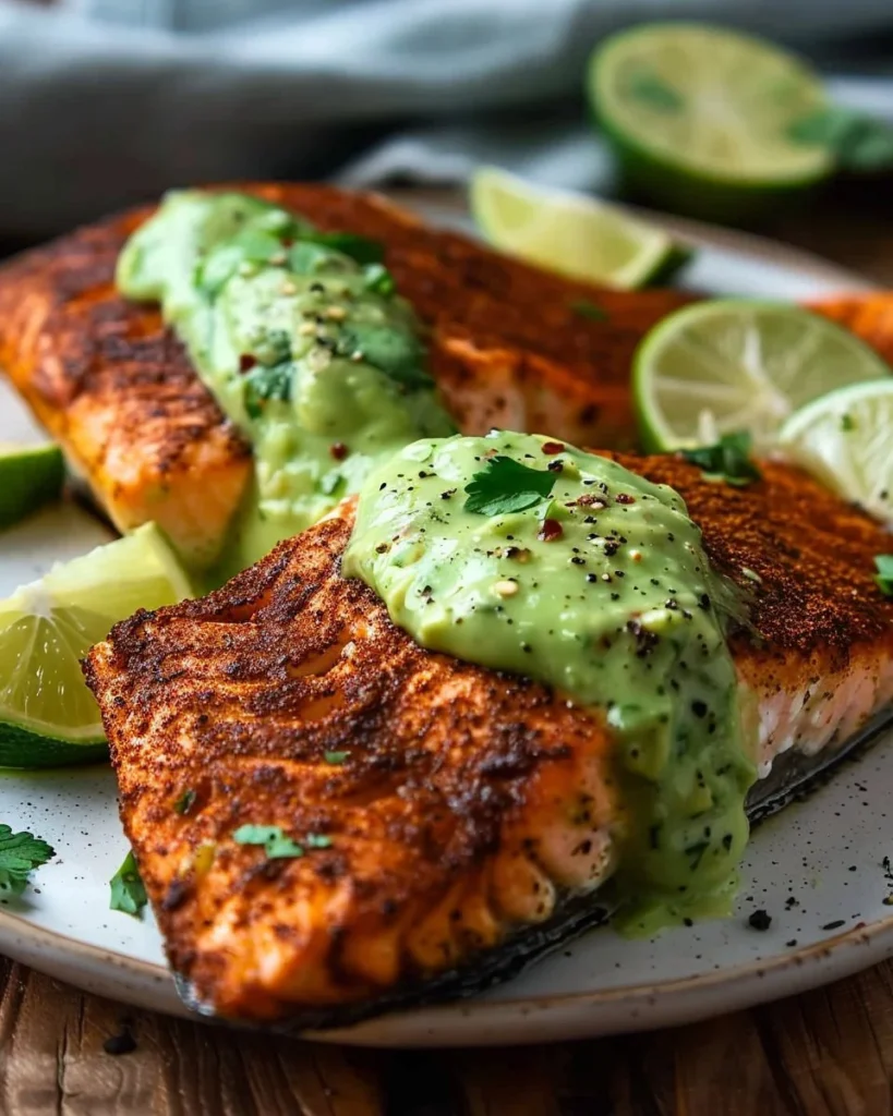Quick baked Cajun salmon with avocado lime sauce on a plate