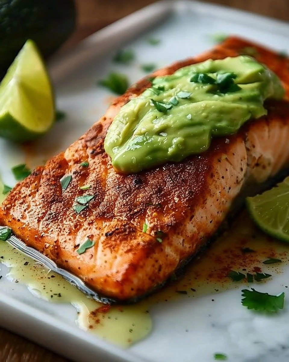 Quick Baked Cajun Salmon with Avocado Lime Sauce