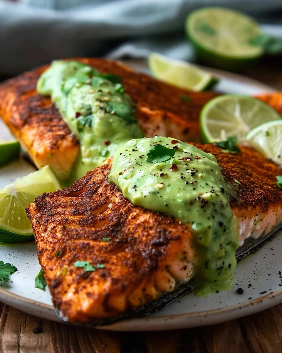 Quick Baked Cajun Salmon with Avocado Lime Sauce