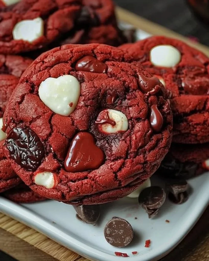 Delicious red velvet cookies topped with cream cheese frosting