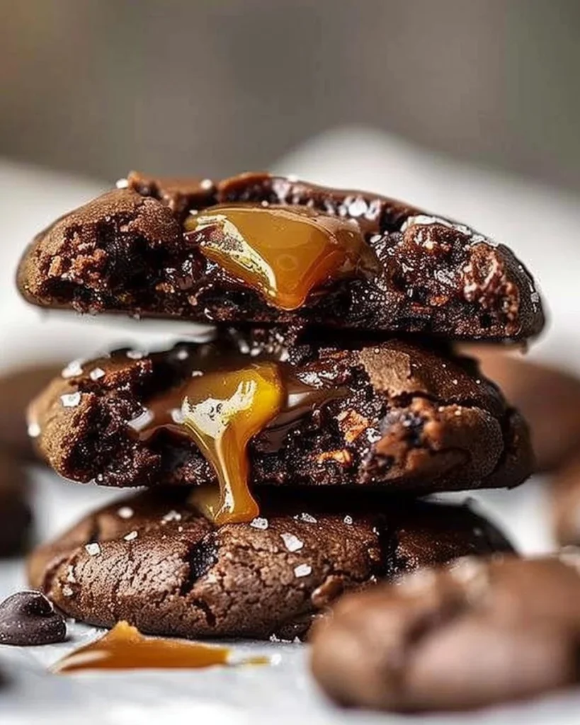 Delicious salted caramel chocolate cookies on a rustic wooden table
