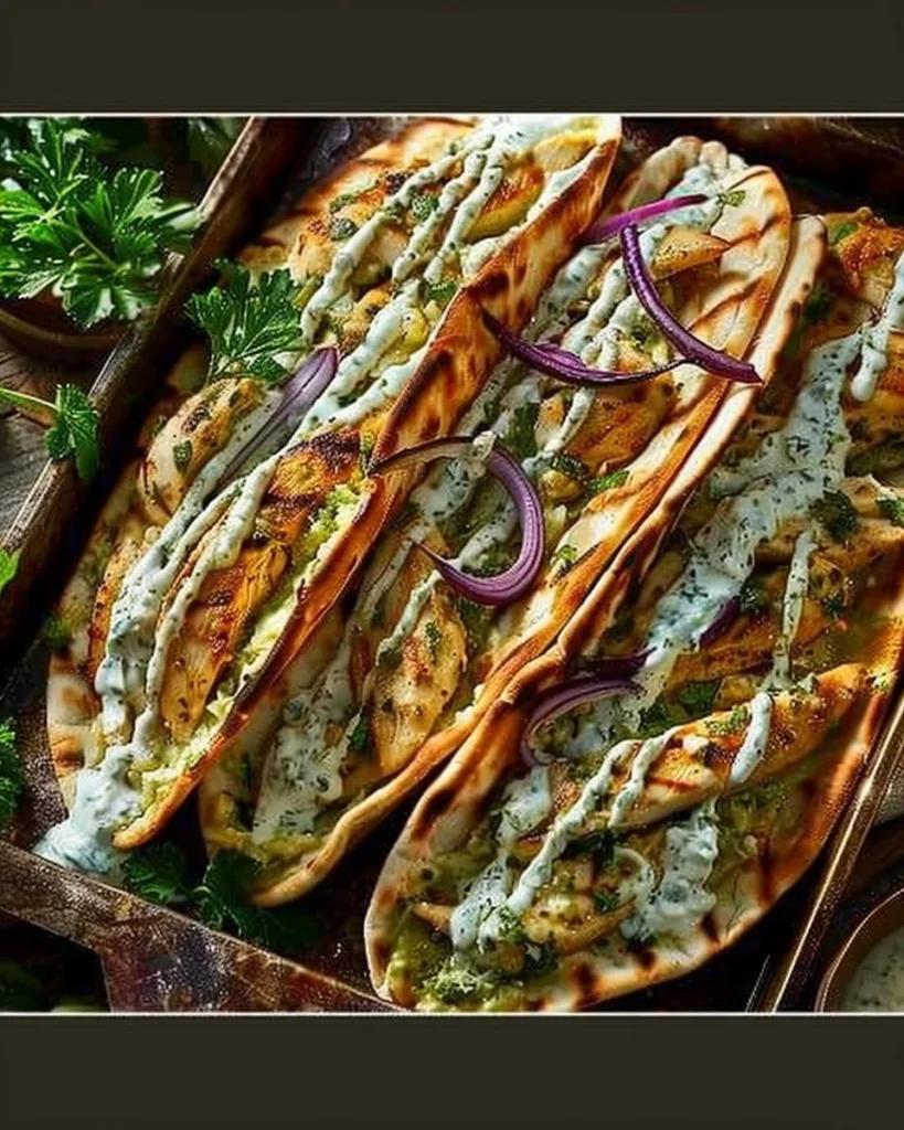 Sheet pan chicken pitas with herby ranch dressing served on a plate