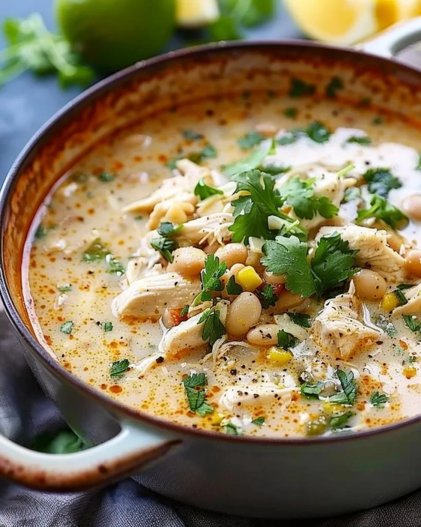Bowl of simple keto white chicken chili topped with cilantro