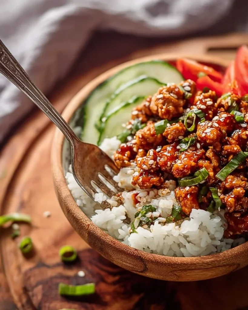 Firecracker ground chicken bowls with colorful vegetables and an appetizing presentation.