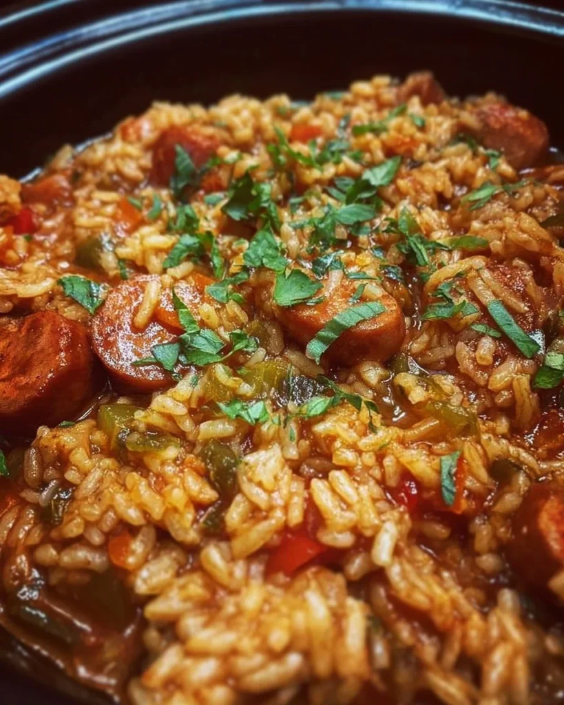 Bowl of Slow Cooker Chicken Jambalaya with vibrant spices and vegetables