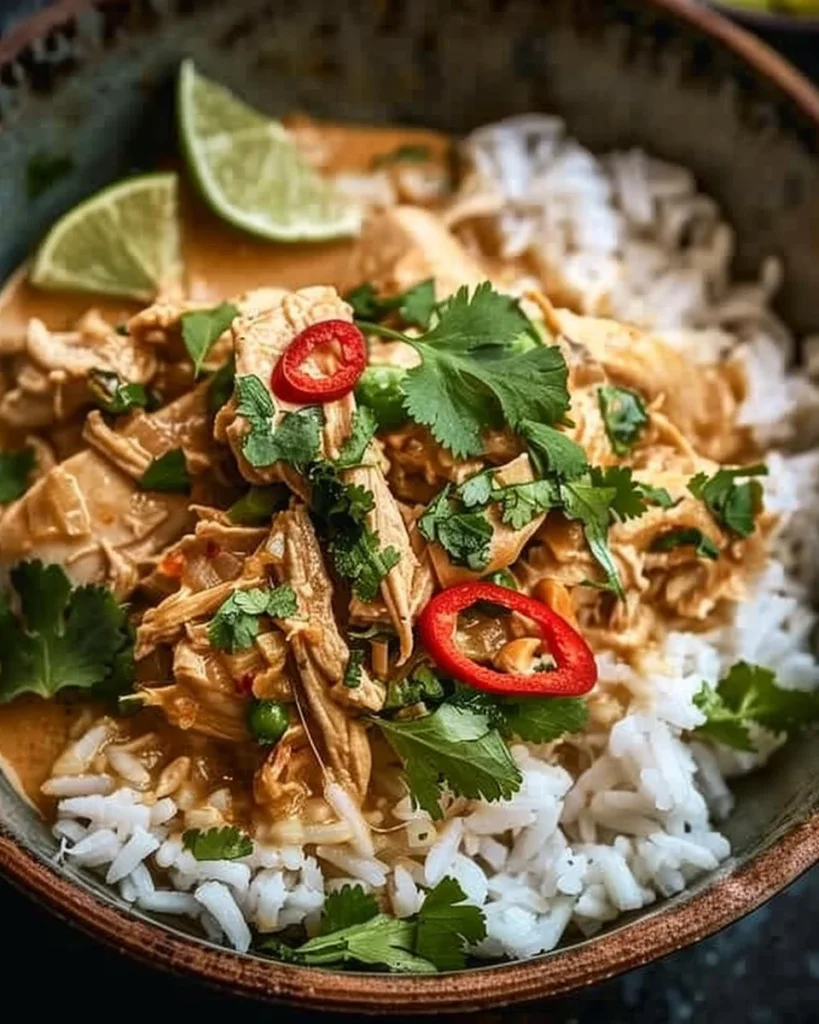 Delicious Slow Cooker Thai Peanut Chicken served with rice and garnished with chopped cilantro.