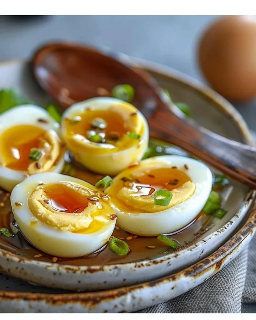 Soy marinated eggs ready to be served, showcasing a rich glaze and garnishes.