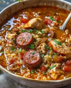 Bowl of spicy jambalaya soup with andouille sausage and chicken