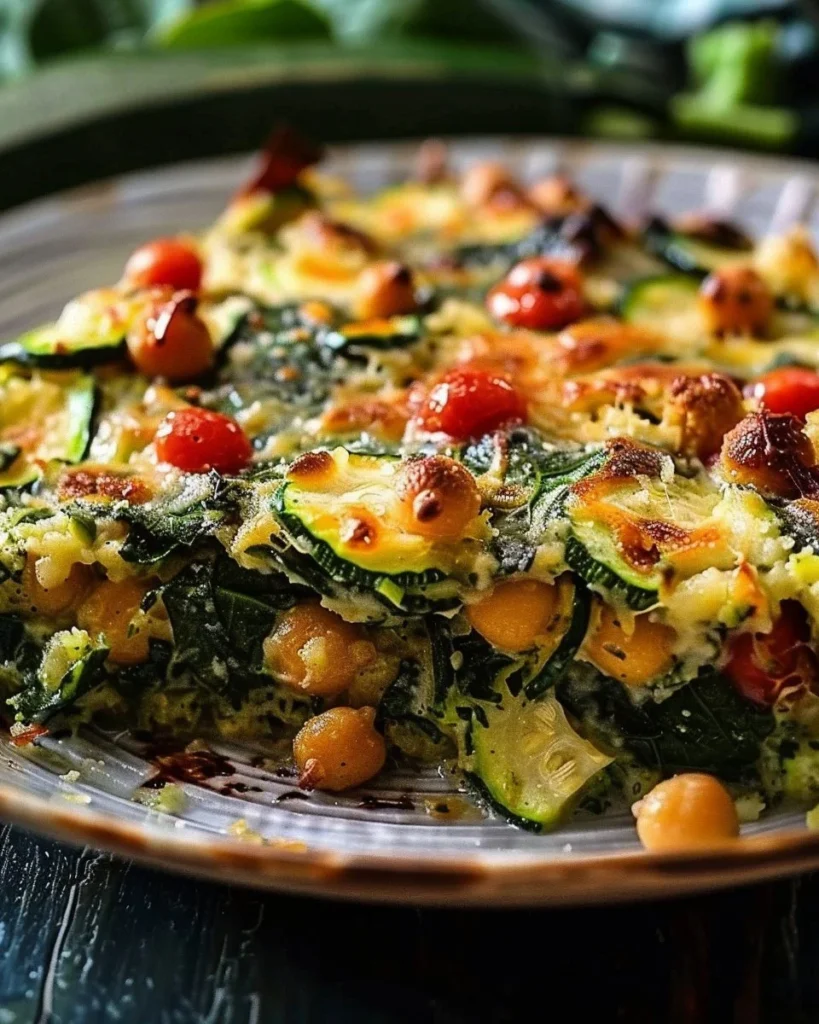 Delicious Spinach Zucchini Chickpea Bake fresh out of the oven.