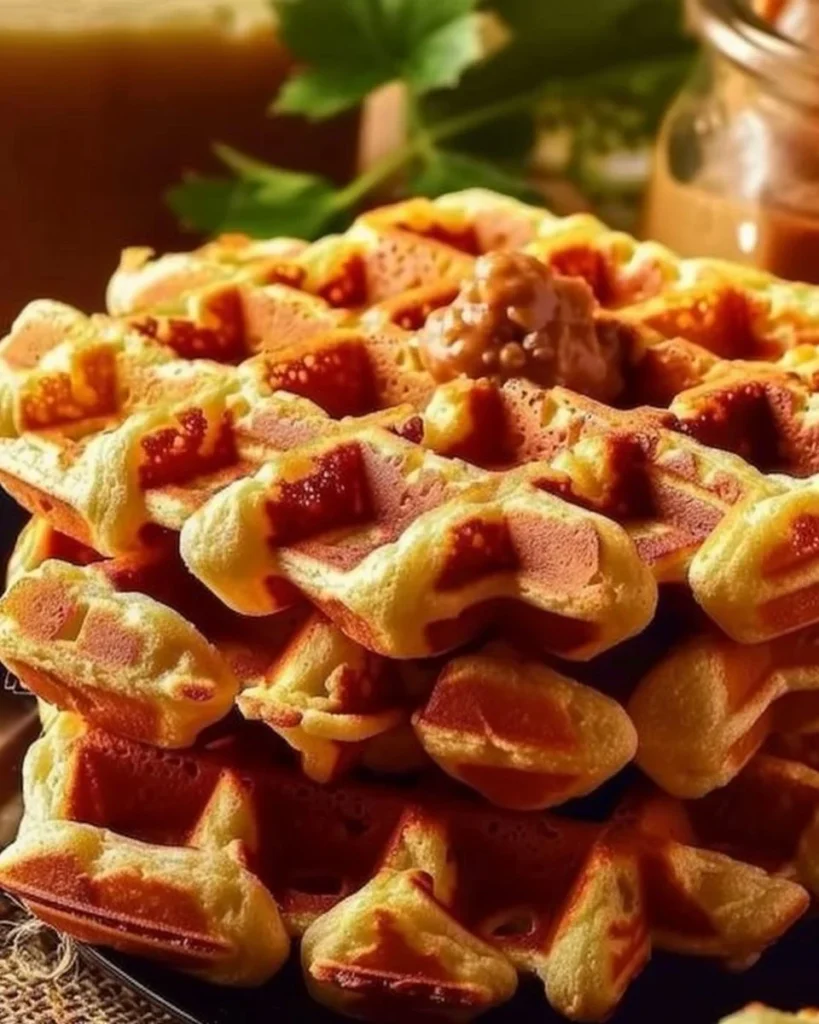 Delicious stove top stuffing waffles served on a plate with toppings