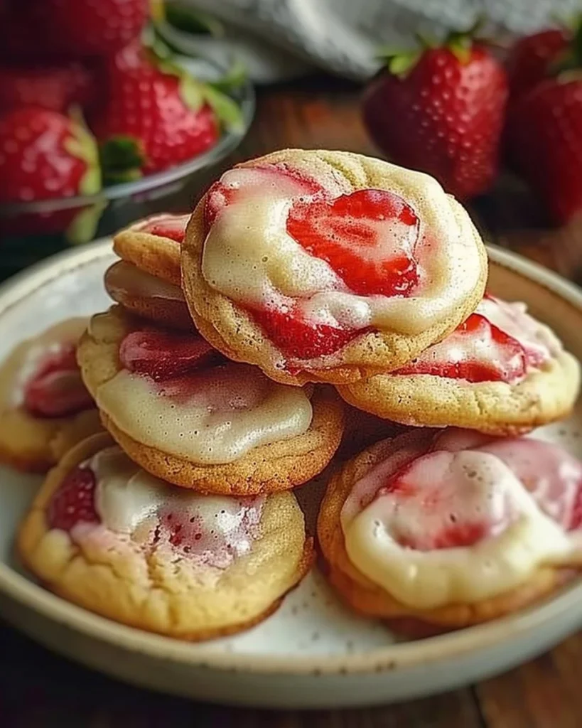 Delicious Strawberry Cheesecake Cookies with fresh strawberries and cream cheese