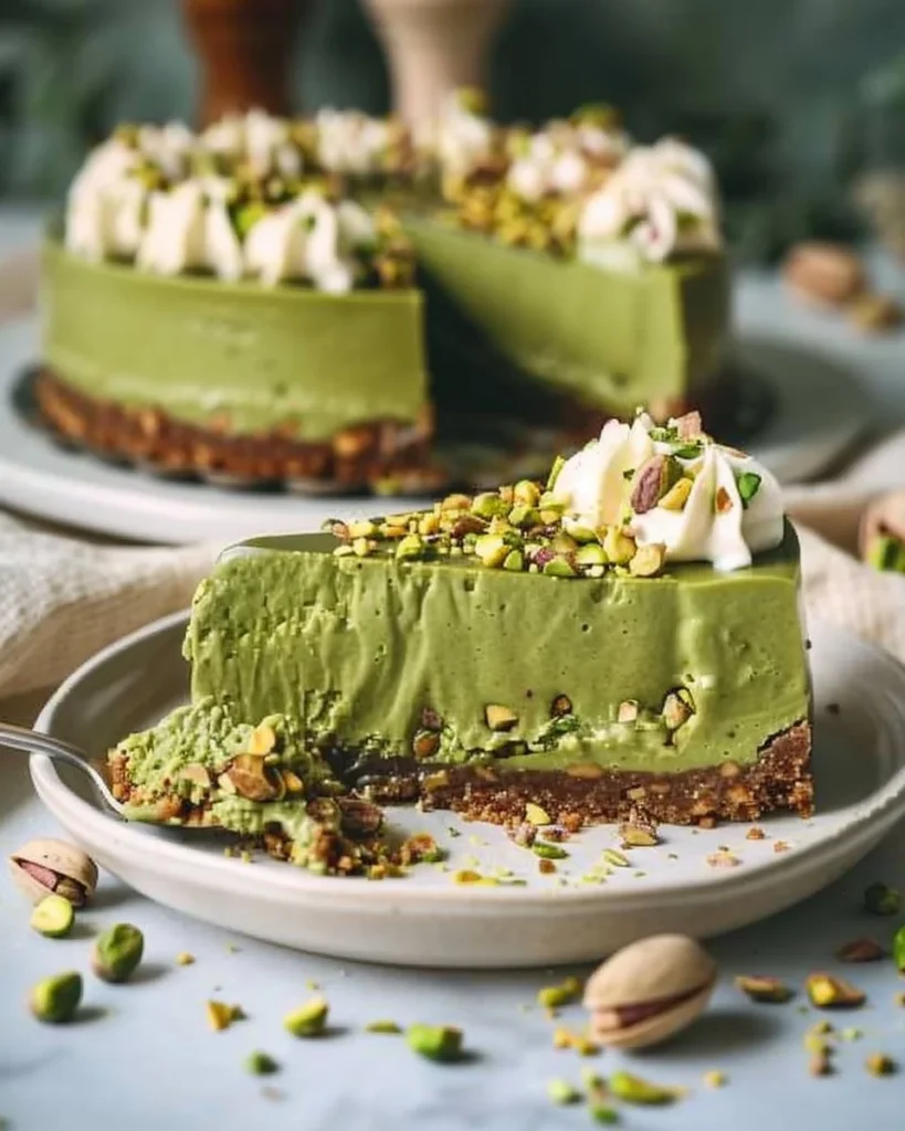 Vegan no-bake pistachio cheesecake topped with crushed pistachios