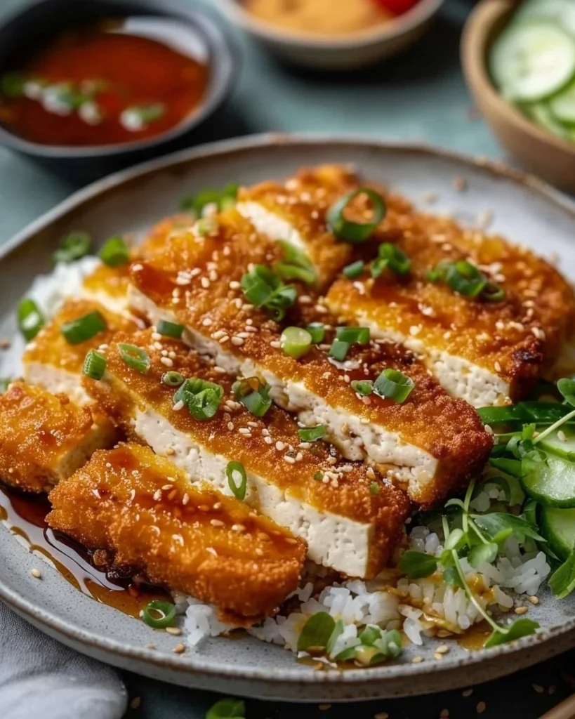 Crispy Vegan Tofu Katsu served with sauce and garnishes.