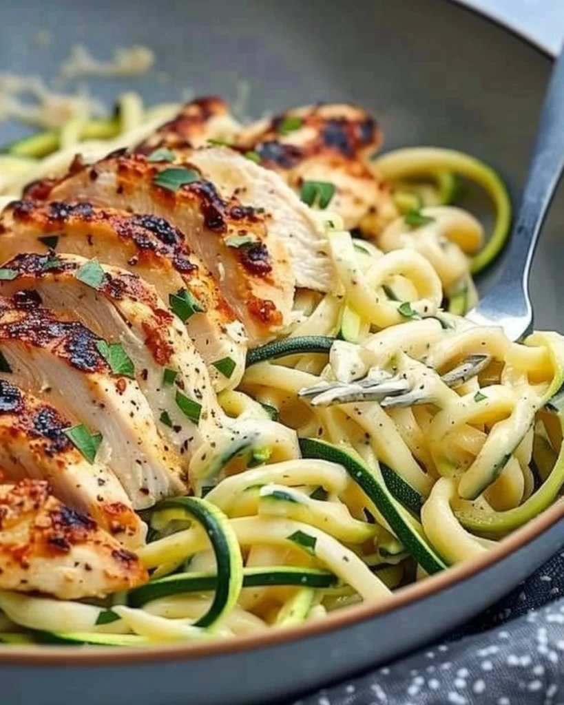 Zucchini Noodle Chicken Alfredo topped with herbs and parmesan cheese